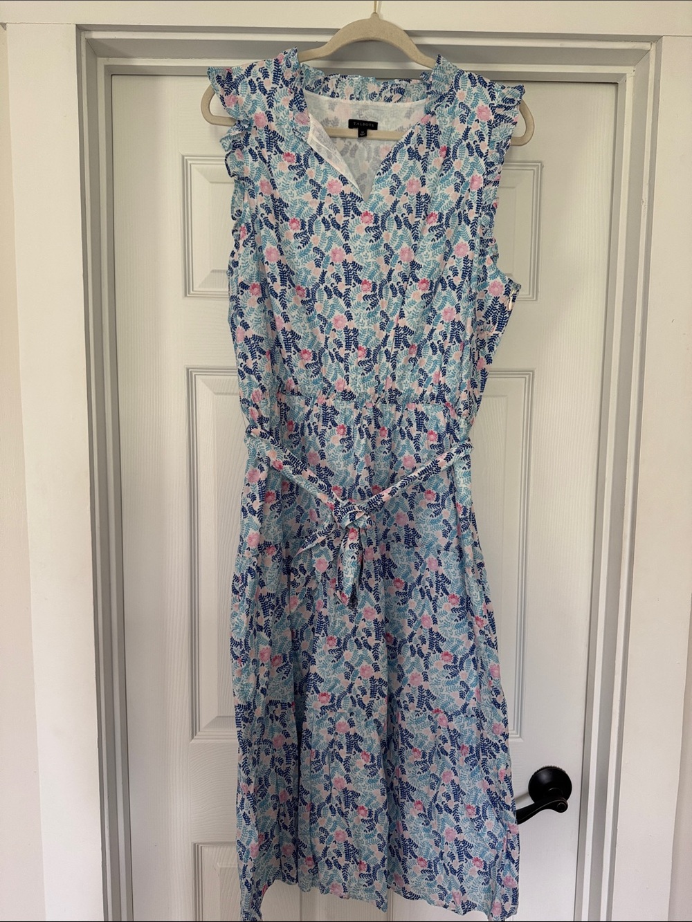 Talbots Blue and Pink Floral Midi Dress with Self-Tie Waist
